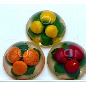 Clear Lucite Acrylic Domed Strawberry Lemon, Orange Paperweights Vintage 1970s
